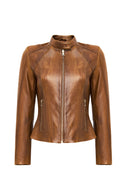 Anya Women's Camel Short Leather Jacket | Derimod Anya Women's Camel Short Leather Jacket | Derimod
