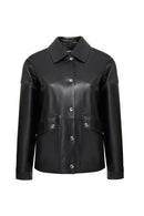 Susan Women's Black Oversize Leather Jacket | Derimod Susan Women's Black Oversize Leather Jacket | Derimod
