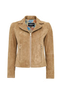 Lara Women's Camel Short Suede Leather Jacket | Derimod Lara Women's Camel Short Suede Leather Jacket | Derimod