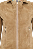 Lara Women's Camel Short Suede Leather Jacket | Derimod Lara Women's Camel Short Suede Leather Jacket | Derimod