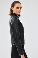 Gigi Women's Black Short Leather Jacket | Derimod Gigi Women's Black Short Leather Jacket | Derimod