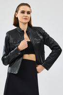Gigi Women's Black Short Leather Jacket | Derimod Gigi Women's Black Short Leather Jacket | Derimod