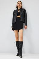 Gigi Women's Black Short Leather Jacket | Derimod Gigi Women's Black Short Leather Jacket | Derimod