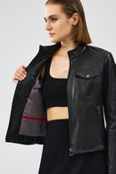 Gigi Women's Black Short Leather Jacket | Derimod Gigi Women's Black Short Leather Jacket | Derimod