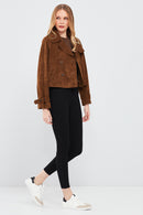 Tracy Women's Brown Short Suede Leather Coat | Derimod Tracy Women's Brown Short Suede Leather Coat | Derimod