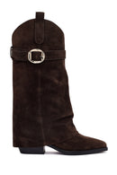 Women's Brown Thick Heeled Suede Leather Boot | Derimod Women's Brown Thick Heeled Suede Leather Boot | Derimod