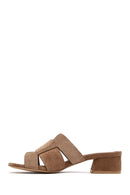 Women's Taupe Thick Short Heel Suede Leather Slippers | Derimod Women's Taupe Thick Short Heel Suede Leather Slippers | Derimod