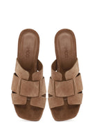 Women's Taupe Thick Short Heel Suede Leather Slippers | Derimod Women's Taupe Thick Short Heel Suede Leather Slippers | Derimod