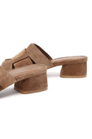 Women's Taupe Thick Short Heel Suede Leather Slippers | Derimod Women's Taupe Thick Short Heel Suede Leather Slippers | Derimod