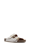Women's Gray Double Buckled Suede Leather Slippers | Derimod Women's Gray Double Buckled Suede Leather Slippers | Derimod