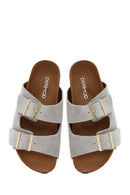 Women's Gray Double Buckled Suede Leather Slippers | Derimod Women's Gray Double Buckled Suede Leather Slippers | Derimod