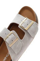 Women's Gray Double Buckled Suede Leather Slippers | Derimod Women's Gray Double Buckled Suede Leather Slippers | Derimod