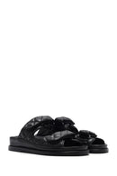 Women's Black Banded Quilted Patterned Leather Slippers | Derimod Women's Black Banded Quilted Patterned Leather Slippers | Derimod