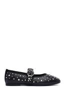 Women's Black Buckled Stoned Leather Ballerinas | Derimod Women's Black Buckled Stoned Leather Ballerinas | Derimod