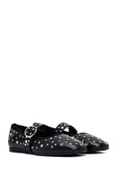 Women's Black Buckled Stoned Leather Ballerinas | Derimod Women's Black Buckled Stoned Leather Ballerinas | Derimod