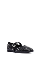 Women's Black Buckled Stoned Leather Ballerinas | Derimod Women's Black Buckled Stoned Leather Ballerinas | Derimod