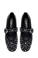 Women's Black Buckled Stoned Leather Ballerinas | Derimod Women's Black Buckled Stoned Leather Ballerinas | Derimod