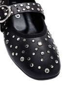 Women's Black Buckled Stoned Leather Ballerinas | Derimod Women's Black Buckled Stoned Leather Ballerinas | Derimod