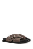 Women's Mink Buckled Suede Leather Slippers | Derimod Women's Mink Buckled Suede Leather Slippers | Derimod