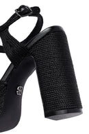 Woman Black Ankle Buckle High Thick Heel Platform Straw Sandals | Derimod Woman Black Ankle Buckle High Thick Heel Platform Straw Sandals | Derimod