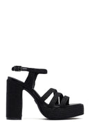 Woman Black Ankle Buckle High Thick Heel Platform Straw Sandals | Derimod Woman Black Ankle Buckle High Thick Heel Platform Straw Sandals | Derimod