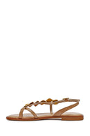 Women's Brown Stoned Flip-Flop Leather Sandals | Derimod Women's Brown Stoned Flip-Flop Leather Sandals | Derimod