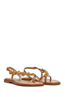 Women's Brown Stoned Flip-Flop Leather Sandals | Derimod Women's Brown Stoned Flip-Flop Leather Sandals | Derimod