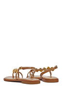 Women's Brown Stoned Flip-Flop Leather Sandals | Derimod Women's Brown Stoned Flip-Flop Leather Sandals | Derimod