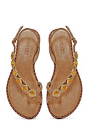 Women's Brown Stoned Flip-Flop Leather Sandals | Derimod Women's Brown Stoned Flip-Flop Leather Sandals | Derimod