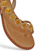 Women's Brown Stoned Flip-Flop Leather Sandals | Derimod Women's Brown Stoned Flip-Flop Leather Sandals | Derimod
