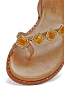 Women's Brown Stoned Flip-Flop Leather Sandals | Derimod Women's Brown Stoned Flip-Flop Leather Sandals | Derimod