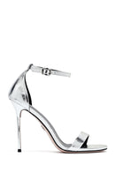 Women's Silver Ankle Buckle High Thin Heel Metallic Leather Sandals | Derimod Women's Silver Ankle Buckle High Thin Heel Metallic Leather Sandals | Derimod