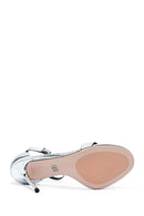 Women's Silver Ankle Buckle High Thin Heel Metallic Leather Sandals | Derimod Women's Silver Ankle Buckle High Thin Heel Metallic Leather Sandals | Derimod