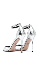 Women's Silver Ankle Buckle High Thin Heel Metallic Leather Sandals | Derimod Women's Silver Ankle Buckle High Thin Heel Metallic Leather Sandals | Derimod