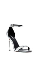 Women's Silver Ankle Buckle High Thin Heel Metallic Leather Sandals | Derimod Women's Silver Ankle Buckle High Thin Heel Metallic Leather Sandals | Derimod