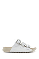 Women's White Buckled Leather Comfort Slippers | Derimod Women's White Buckled Leather Comfort Slippers | Derimod