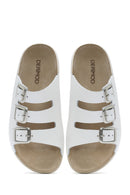 Women's White Buckled Leather Comfort Slippers | Derimod Women's White Buckled Leather Comfort Slippers | Derimod