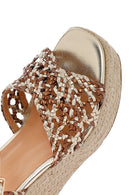 Women's Gold Ankle Buckle Platform Heel Woven Sandals | Derimod Women's Gold Ankle Buckle Platform Heel Woven Sandals | Derimod