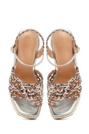 Women's Gold Ankle Buckle Platform Heel Woven Sandals | Derimod Women's Gold Ankle Buckle Platform Heel Woven Sandals | Derimod