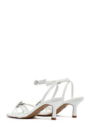 Women's White Ankle Buckle Stoned Thin Short Heeled Sandals | Derimod Women's White Ankle Buckle Stoned Thin Short Heeled Sandals | Derimod