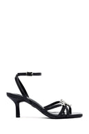 Women's Black Ankle Buckle Stoned Thin Short Heeled Sandals | Derimod Women's Black Ankle Buckle Stoned Thin Short Heeled Sandals | Derimod
