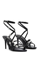 Women's Black Ankle Buckle Stone-Embellished Metallic Thin Heel Sandals | Derimod Women's Black Ankle Buckle Stone-Embellished Metallic Thin Heel Sandals | Derimod