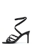 Women's Black Ankle Buckle Stone-Embellished Metallic Thin Heel Sandals | Derimod Women's Black Ankle Buckle Stone-Embellished Metallic Thin Heel Sandals | Derimod