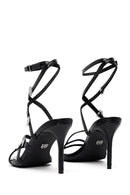 Women's Black Ankle Buckle Stone-Embellished Metallic Thin Heel Sandals | Derimod Women's Black Ankle Buckle Stone-Embellished Metallic Thin Heel Sandals | Derimod