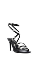 Women's Black Ankle Buckle Stone-Embellished Metallic Thin Heel Sandals | Derimod Women's Black Ankle Buckle Stone-Embellished Metallic Thin Heel Sandals | Derimod