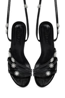 Women's Black Ankle Buckle Stone-Embellished Metallic Thin Heel Sandals | Derimod Women's Black Ankle Buckle Stone-Embellished Metallic Thin Heel Sandals | Derimod
