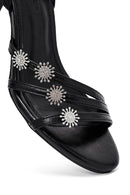 Women's Black Ankle Buckle Stone-Embellished Metallic Thin Heel Sandals | Derimod Women's Black Ankle Buckle Stone-Embellished Metallic Thin Heel Sandals | Derimod