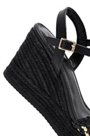 Women's Black Ankle Buckle Braided Wedge Heel Espadrille Sandals | Derimod Women's Black Ankle Buckle Braided Wedge Heel Espadrille Sandals | Derimod