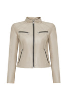Taya Women's Beige Short Leather Jacket | Derimod Taya Women's Beige Short Leather Jacket | Derimod