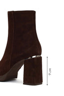 Women's Brown Zippered Suede Leather Thick Heeled Boots | Derimod Women's Brown Zippered Suede Leather Thick Heeled Boots | Derimod